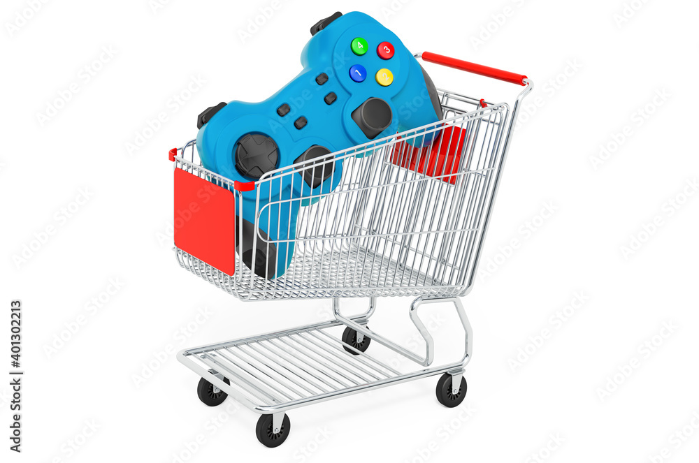 Poster shopping cart with gamepad, 3d rendering