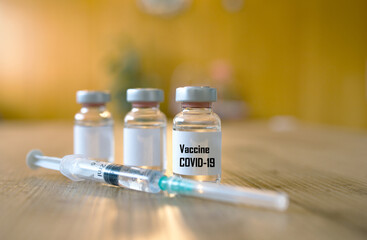 Coronavirus, Covid 19 virus, vaccine vial. Vaccine phial with transparent fluid for coronavirus covid-19.