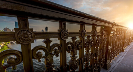 Panoramic view of Boston downtown and historic center from the landmark Longfellow bridge over...