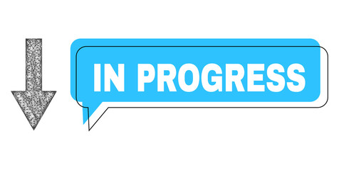 Conversation In Progress blue bubble frame and crossing mesh arrow down. Frame and colored area are shifted for In Progress label, which is located inside blue cloud.