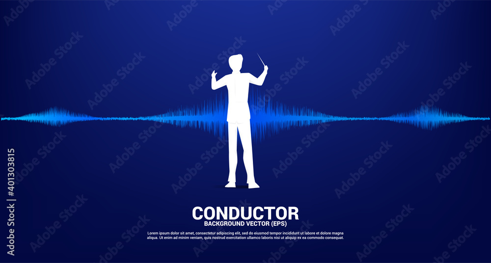 Poster vector silhouette of conductor with sound wave music equalizer background. concept background for cl