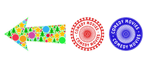 Arrow left mosaic of Christmas symbols, such as stars, fir-trees, colored round items, and COMEDY MOVIES rubber stamp seals. Vector COMEDY MOVIES stamp seals uses guilloche pattern,