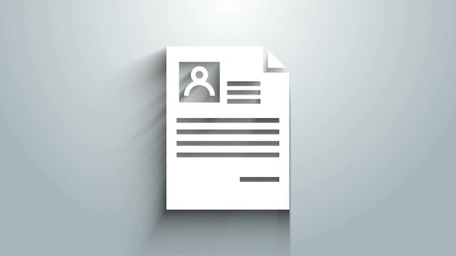 White Resume icon isolated on grey background. CV application. Searching professional staff. Analyzing personnel resume. 4K Video motion graphic animation