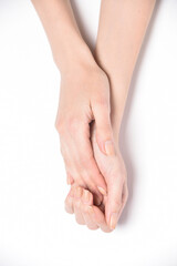 Tenderness woman hand on white background