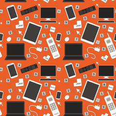 Technology seamless pattern with different devices for textile, fabric, wrapping paper, cloth, web, wallpaper. Colored endless backdrop on orange background	