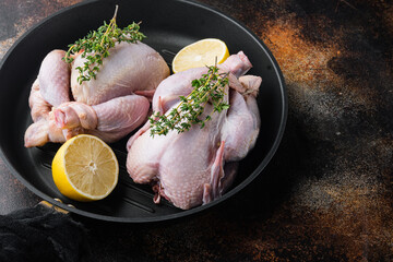 Organic whole poussins on grill pan, on old rustic background with copy space for text