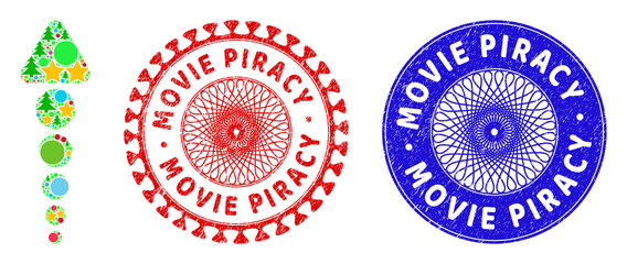 Arrow up composition of New Year symbols, such as stars, fir-trees, color balls, and MOVIE PIRACY unclean seals. Vector MOVIE PIRACY stamp seals uses guilloche ornament,