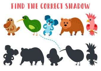 Find the correct shadow. Educational matching game for children. Kids learning game. Preschool worksheet activity. Cartoon animals platypus, kiwi, koala, wombat, snake