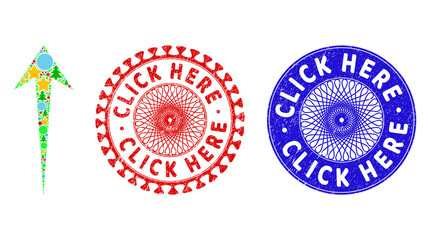 Arrow up mosaic of New Year symbols, such as stars, fir trees, multicolored circles, and CLICK HERE grunge seals. Vector CLICK HERE seals uses guilloche pattern, designed in red and blue colors.