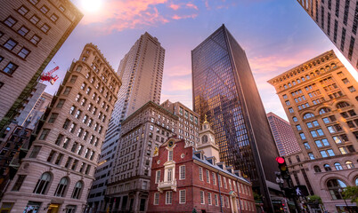 Massachusetts Old State House in Boston historic city center, located close to landmark Beacon Hill...