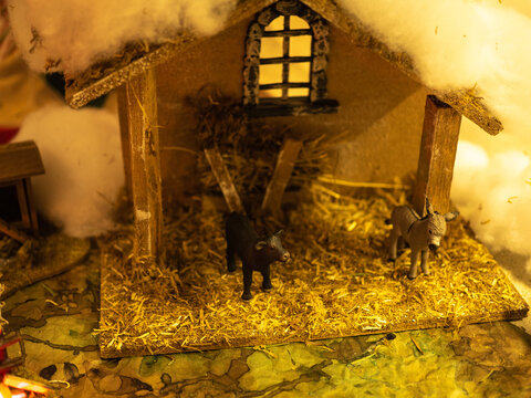 Christmas composition. Creche in front of christmas tree. Perspective view.