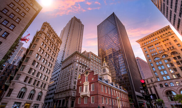 Massachusetts Old State House in Boston historic city center, located close to landmark Beacon Hill and Freedom Trail.
