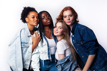 diverse multi nation girls group, teenage friends company cheerful having fun, happy smiling, cute posing isolated on white background, lifestyle people concept, african-american, asian and caucasian