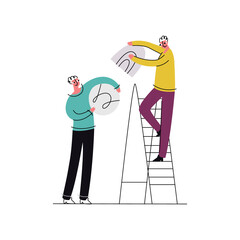 Abstract flat vector illustration metaphor with concept of collaboration, partnership and solving problems together. Colleagues are shown assembling an abstract figure. Business communication.