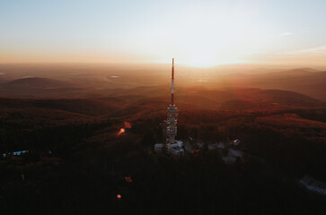 Aerial view of beautiful sunset landsacpe on top of Kekes Mountain with Tv Tower in Hungary,Europe.