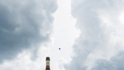 Industrial furnace and heat exchanger cracking hydrocarbons in factory on blue sky background, Close-up of equipment in petrochemical plant. Industry and ecological problem concepts. Bird in sky.