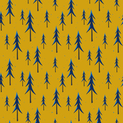 Obraz premium Seamless pattern with with blue of coniferous trees in yellow background. Vector illustration with hand drawn spruce trees. Design for print greeting card, paper, fabric, gift wrap