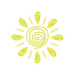 Sun icon. Colored contour silhouette. Cute sketch drawing. Vector flat graphic hand drawn illustration. The isolated object on a white background. Isolate.