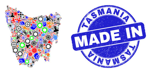 Development mosaic Tasmania Island map and MADE IN scratched stamp. Tasmania Island map collage designed with spanners,wheel,instruments,components,cars,power sparks,details.