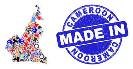 Development Cameroon map mosaic and MADE IN textured rubber stamp. Cameroon map mosaic designed with wrenches, gearwheels,instruments,,keys,vehicles,electricity bolts,details.