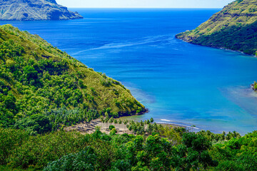 Naklejka premium French Polynesia, Marquesas, Nuku Hiva Island. Panoramic view on Hakapaa Bay.