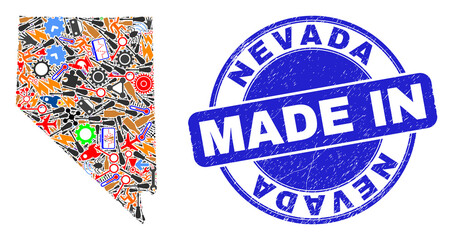 Production Nevada State map mosaic and MADE IN scratched rubber stamp. Nevada State map collage designed with wrenches,wheel, tools,components,transports, electric bolts,bugs.