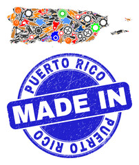 Engineering Puerto Rico map mosaic and MADE IN scratched rubber stamp. Puerto Rico map abstraction designed with spanners,cogs,screwdrivers,items,cars,electricity strikes,details.