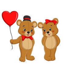Obraz na płótnie Canvas Couple of cute teddy bears giving present love balloons