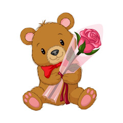 Cartoon cute teddy bear holding a flower