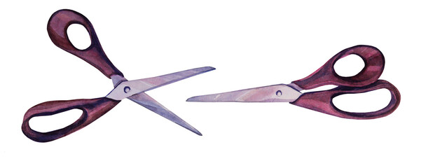 Set watercolor gray and black scissors isolated on white background. Hand-drawn art creative object tool for tailor, sticker, wallpaper, wrapping, card