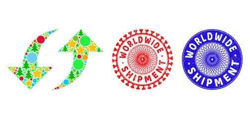 Exchange arrows composition of New Year symbols, such as stars, fir-trees, color round items, and WORLDWIDE SHIPMENT rough stamp seals. Vector WORLDWIDE SHIPMENT seals uses guilloche pattern,