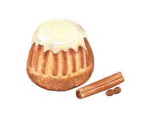 Watercolor illustration of muffin with sugar icing, cinnamon stick and coffee beans on white isolated background. 