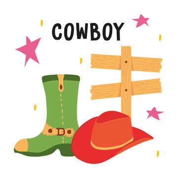 cowbow design with boots, hat and road sign, colorful design