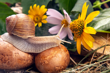 grape snail is actively crawling in nature. mollusc and invertebrate. delicacy meat and gourmet food.