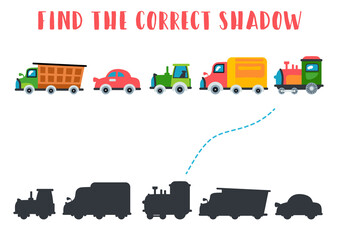 Fototapeta na wymiar Find the correct shadow. Educational matching game for children. Kids learning game. Preschool worksheet activity. Cartoon transport car, train, tractor, truck