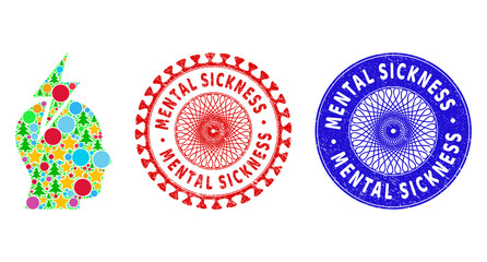 Headache collage of New Year symbols, such as stars, fir-trees, colored round items, and MENTAL SICKNESS corroded stamp seals. Vector MENTAL SICKNESS imprints uses guilloche ornament,
