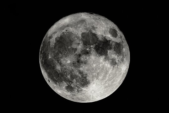 Detailed shot of the full Moon at shot at 1600mm focal length, high contrast