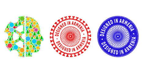Intellect mosaic of New Year symbols, such as stars, fir trees, color spheres, and DESIGNED IN ARMENIA dirty stamp prints. Vector DESIGNED IN ARMENIA stamps uses guilloche ornament,