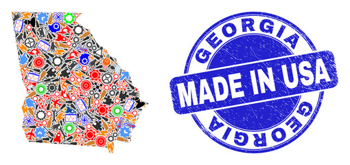 Component Georgia State map mosaic and MADE IN distress stamp seal. Georgia State map abstraction composed from spanners,wheel, tools,,keys,airplanes,aircrafts,air planes,aviation symbols,