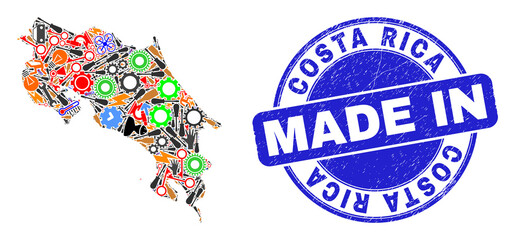 Fototapeta premium Component mosaic Costa Rica map and MADE IN distress stamp seal. Costa Rica map collage created with spanners,wheels,instruments,,keys,vehicles, electric sparks,details.