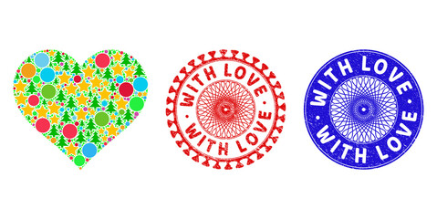 Love heart mosaic of New Year symbols, such as stars, fir-trees, multicolored spheres, and WITH LOVE rubber stamps. Vector WITH LOVE stamps uses guilloche pattern, designed in red and blue variations.