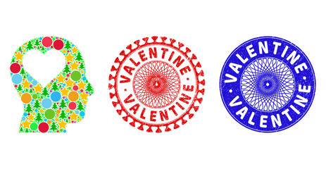 Lover head mosaic of New Year symbols, such as stars, fir-trees, colored round items, and VALENTINE unclean seals. Vector VALENTINE stamp seals uses guilloche ornament,