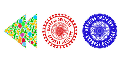 Move left mosaic of New Year symbols, such as stars, fir trees, colored round items, and EXPRESS DELIVERY dirty stamp seals. Vector EXPRESS DELIVERY stamp seals uses guilloche pattern,