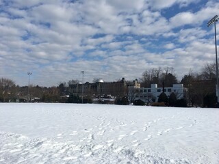 Winter scene, park, river, snow, blue sky, bare trees