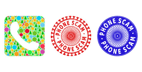 Phone mosaic of Christmas symbols, such as stars, fir-trees, color round items, and PHONE SCAM rubber stamps. Vector PHONE SCAM watermarks uses guilloche ornament, designed in red and blue variations.