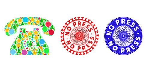 Pulse phone mosaic of New Year symbols, such as stars, fir trees, multicolored round items, and NO PRESS grunge stamp imitations. Vector NO PRESS stamp seals uses guilloche ornament,