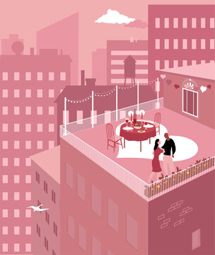Couple Having A Romantic Valentine Day Dinner On A Rooftop Terrace In The City, EPS 8 Vector Illustration