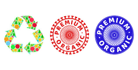 Recycle mosaic of New Year symbols, such as stars, fir-trees, colored round items, and PREMIUM ORGANIC rough stamp imitations. Vector PREMIUM ORGANIC stamp seals uses guilloche pattern,