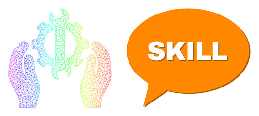 Skill and repair service composition. Spectrum colored mesh repair service, and conversation Skill bubble frame. Conversation colored Skill bubble has shadow.