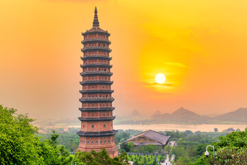 Sunset Bai Dinh Pagoda the biggiest and largest temple complex in Vietnam, Trang An, Ninh Binh
